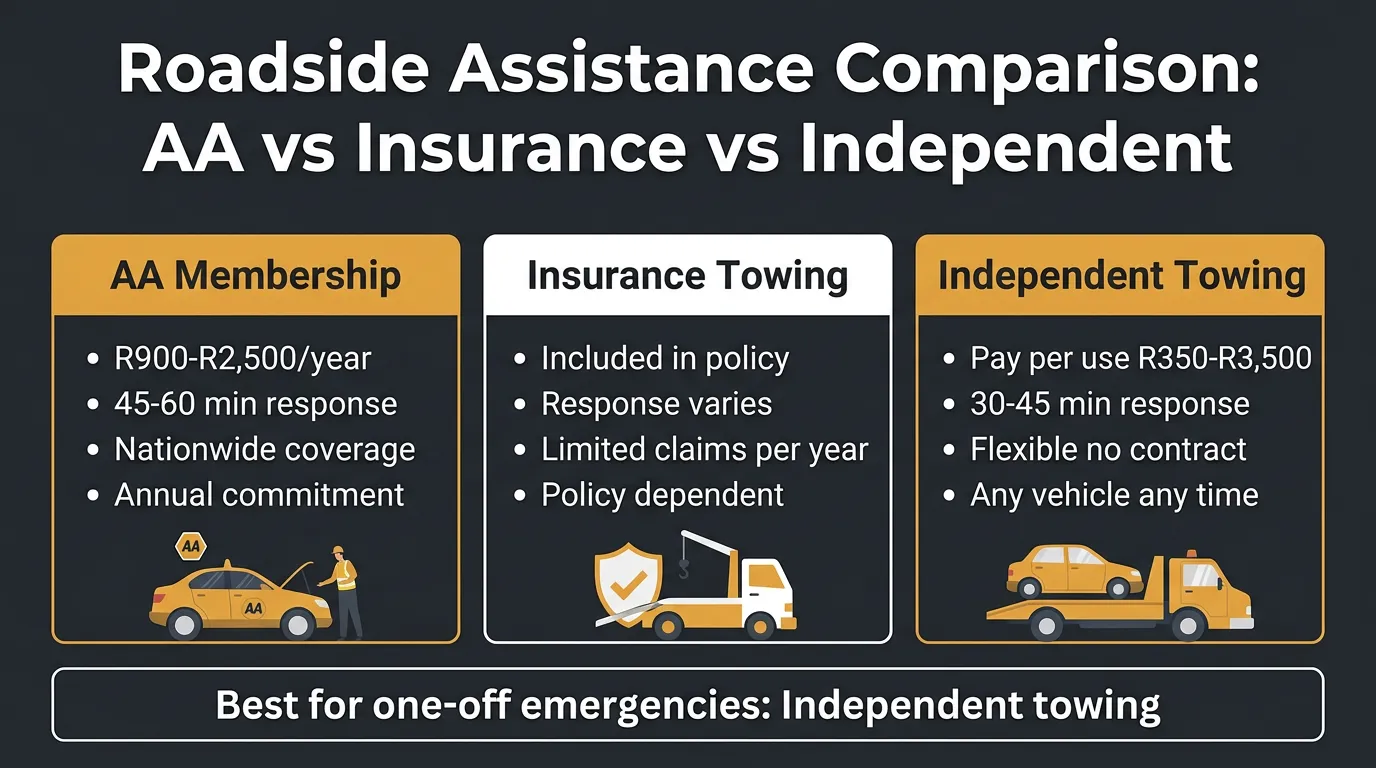 Infographic comparing AA vs Insurance vs Independent roadside assistance in South Africa