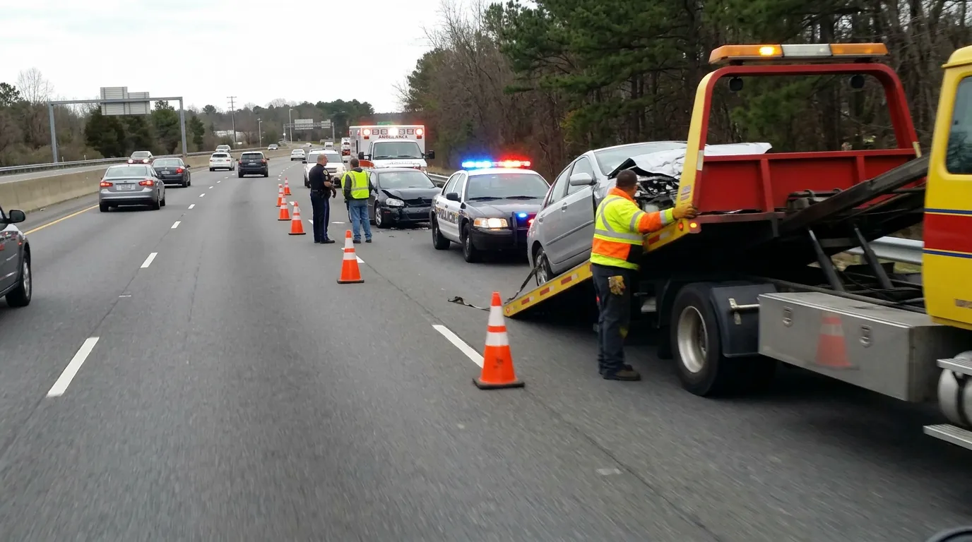 Tow truck at an accident recovery scene with emergency vehicles